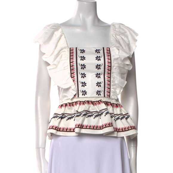 NWT LUG VON SIGA Jade Ruffled Shirred Embroidered Cotton-Poplin Top, 40 FR/M - Picture 4 of 6